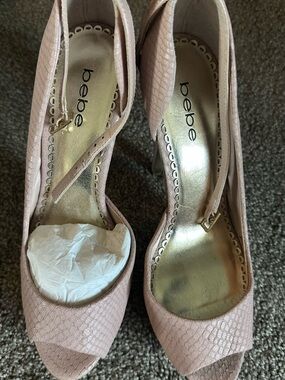 bebe Blush Pink Textured Peep-Toe Heels with Ankle Strap